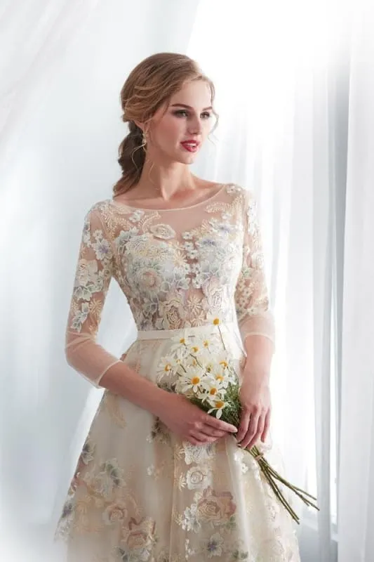 A Line Floor Length Floral Prom Dresses 3/4 Sleeves A-line Empire Waist Long Evening Gowns