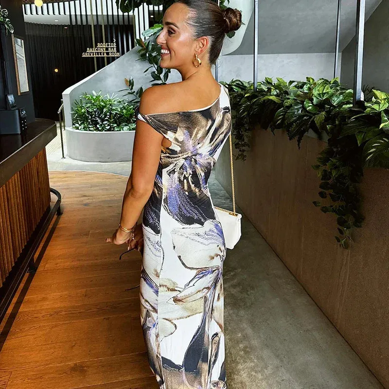 Abstract Floral One Shoulder Elegant Wedding Party Summer Long Dress Women Maxi Dress