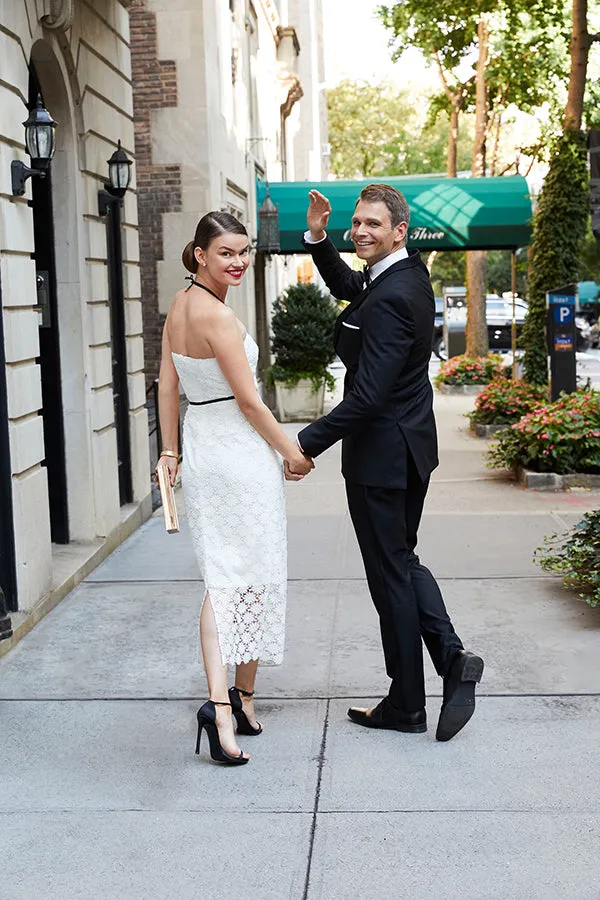 Adeline White Lace Midi Bridal Shower Dress & Wedding Rehearsal Dress