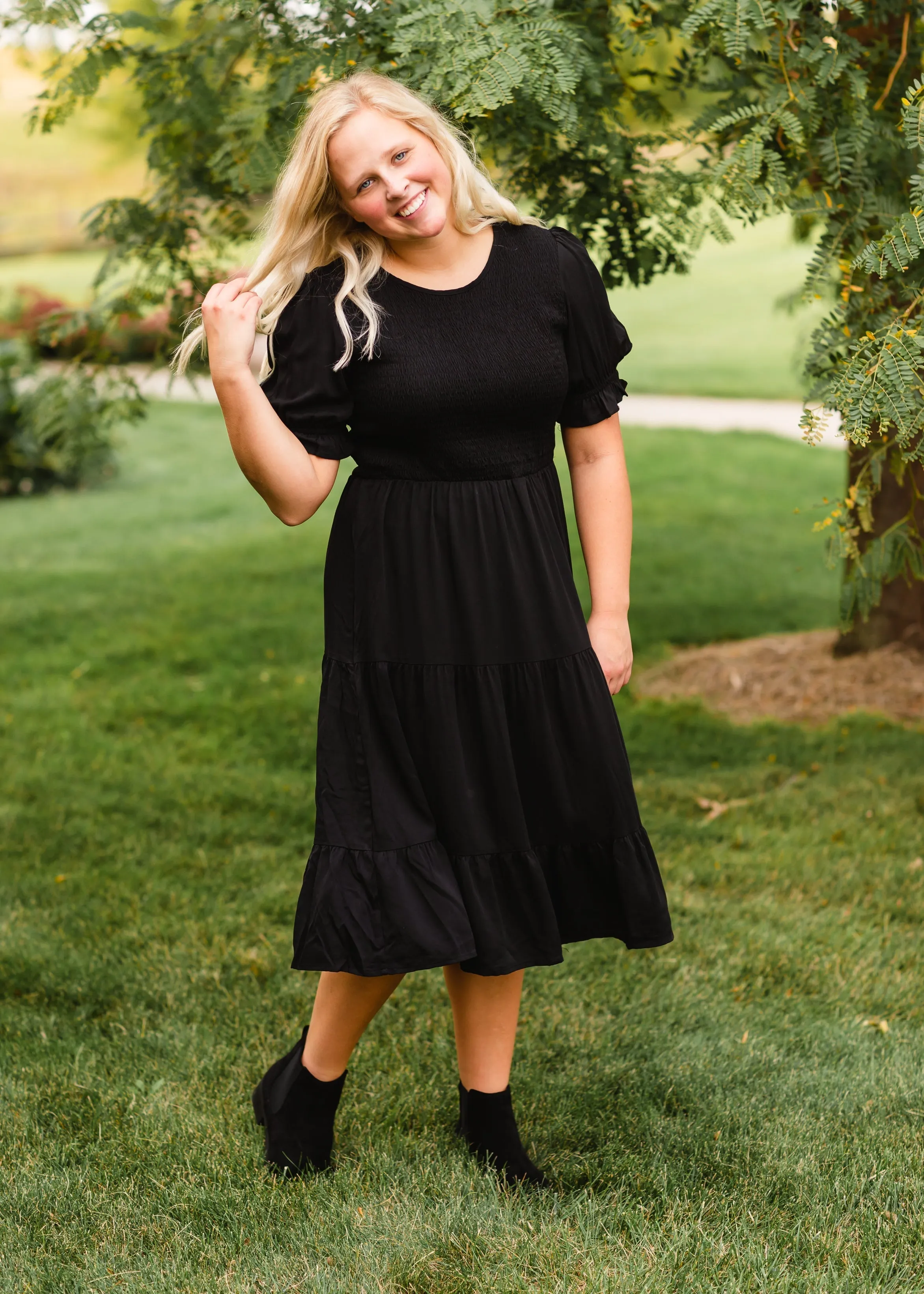 Black Smocked Midi Dress - FINAL SALE