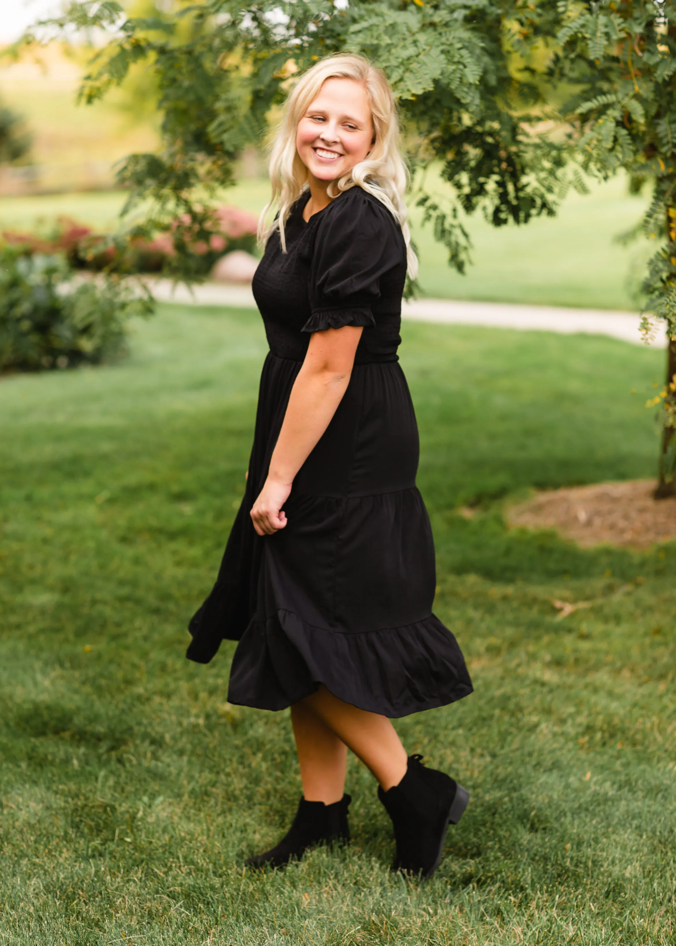 Black Smocked Midi Dress - FINAL SALE