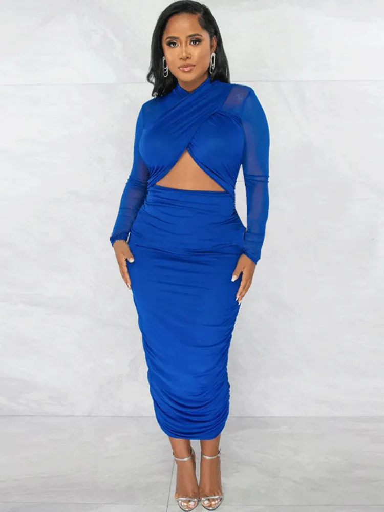 Blue Ruched Mesh Long Sleeve Midi Bodycon Dress