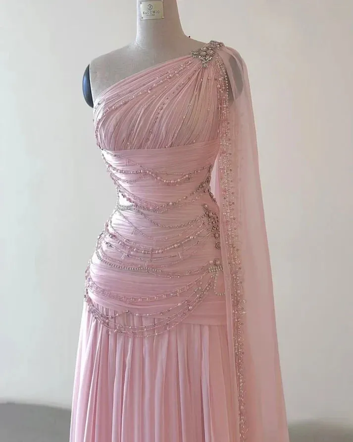Classy A Line One Shoulder Pink Chiffon Evening Gown Prom Dresses , LTP3625