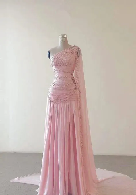 Classy A Line One Shoulder Pink Chiffon Evening Gown Prom Dresses , LTP3625