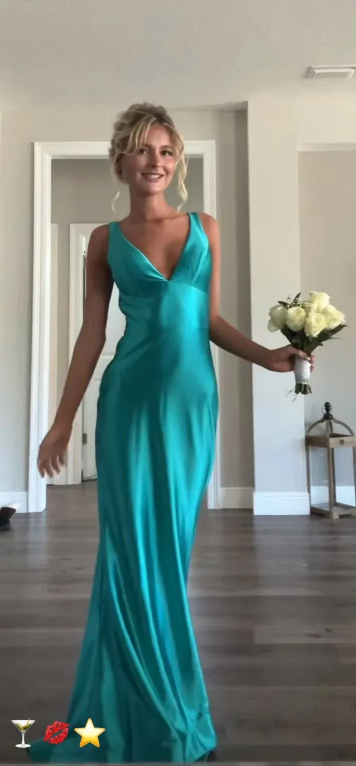Classy A line V Neckline Blue Satin Sleeveless Long Prom Dresses ,LTP3623