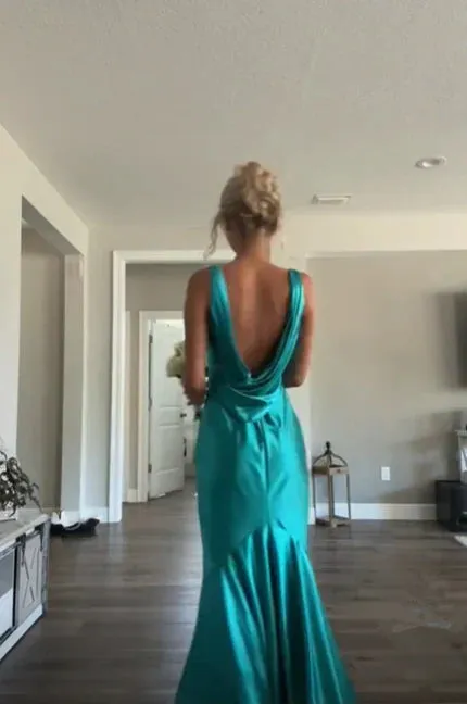 Classy A line V Neckline Blue Satin Sleeveless Long Prom Dresses ,LTP3623