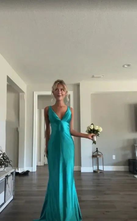 Classy A line V Neckline Blue Satin Sleeveless Long Prom Dresses ,LTP3623