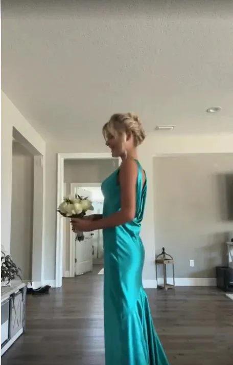 Classy A line V Neckline Blue Satin Sleeveless Long Prom Dresses ,LTP3623