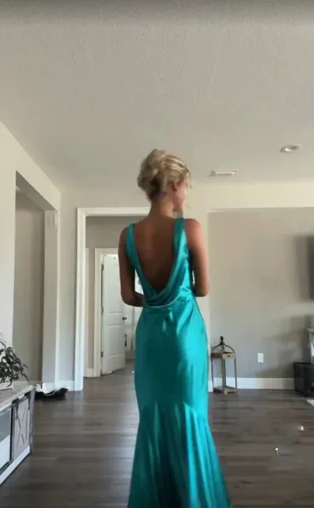 Classy A line V Neckline Blue Satin Sleeveless Long Prom Dresses ,LTP3623