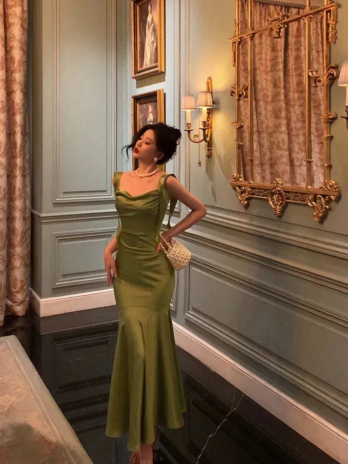 Classy Mermaid Straps Green Satin Prom Dresses Birthday Outfits , LTP3579