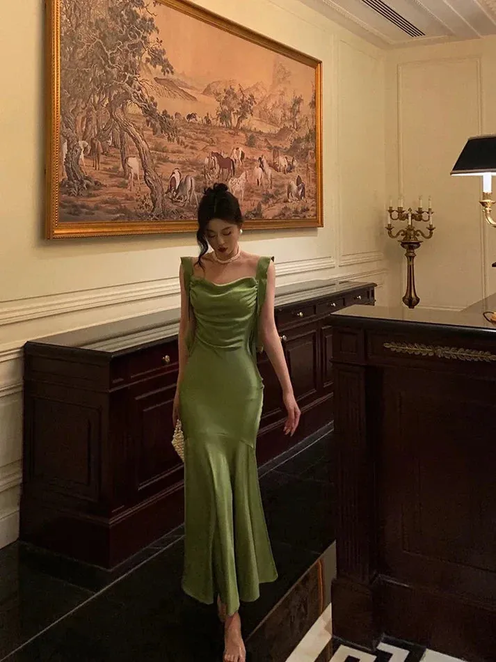 Classy Mermaid Straps Green Satin Prom Dresses Birthday Outfits , LTP3579