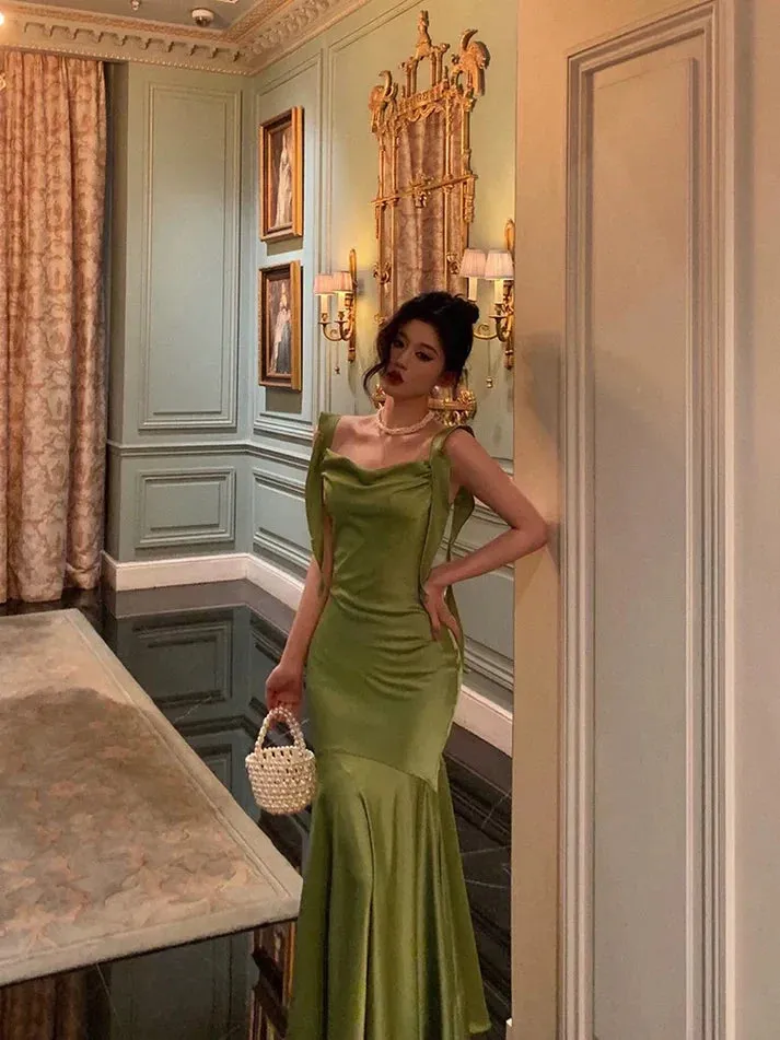 Classy Mermaid Straps Green Satin Prom Dresses Birthday Outfits , LTP3579