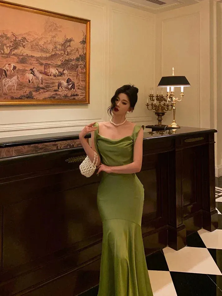 Classy Mermaid Straps Green Satin Prom Dresses Birthday Outfits , LTP3579