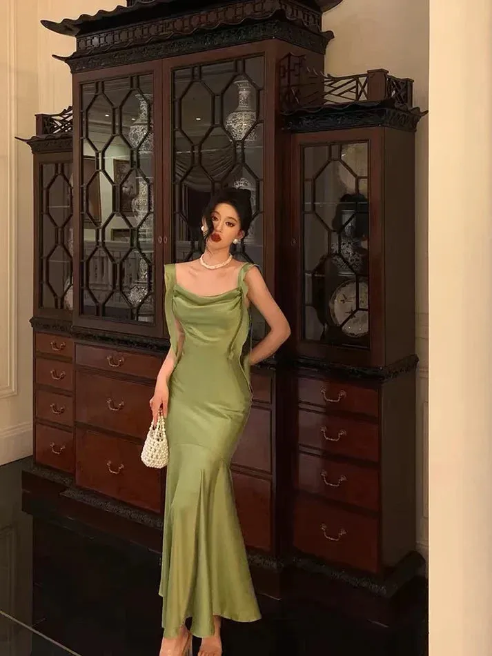 Classy Mermaid Straps Green Satin Prom Dresses Birthday Outfits , LTP3579