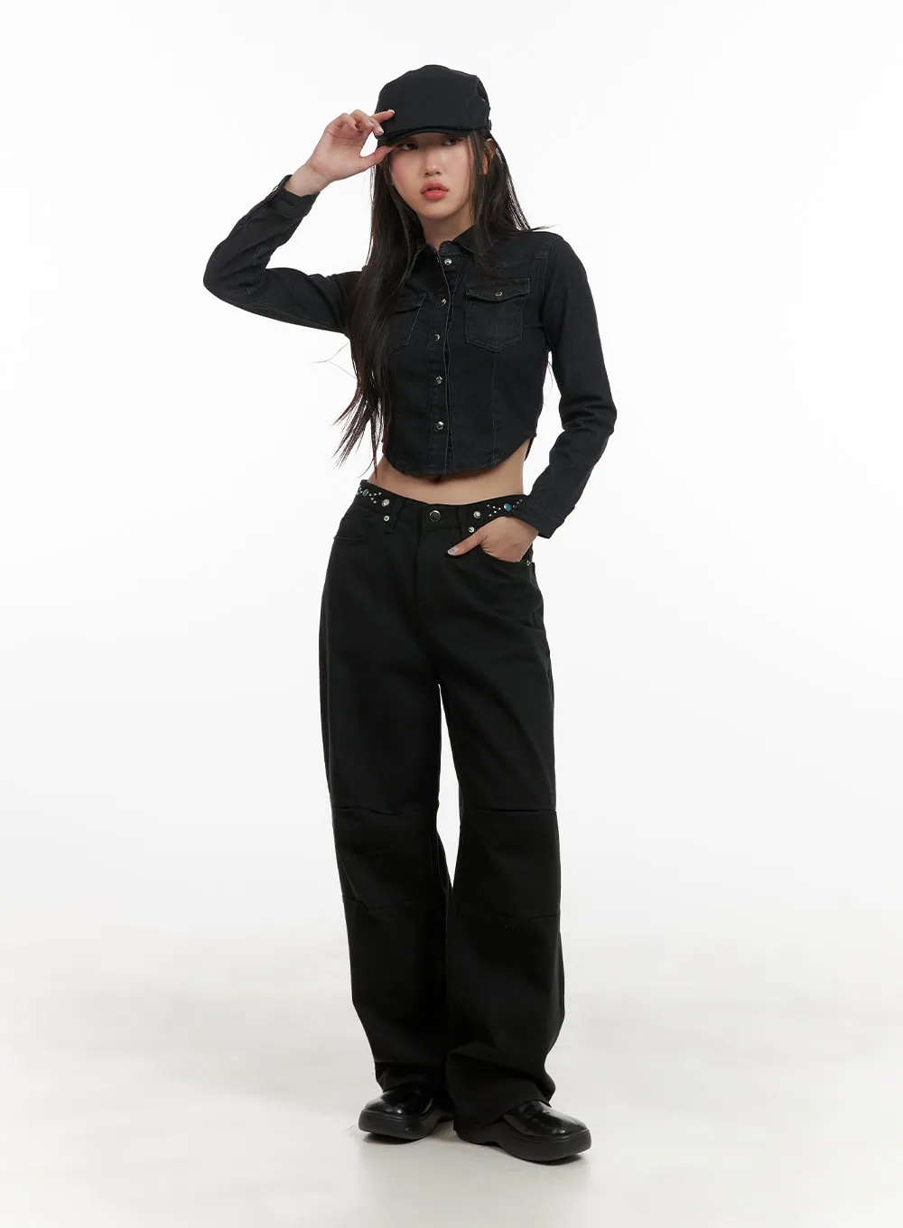 Denim Pocketed Button-Up Crop Shirt CY403