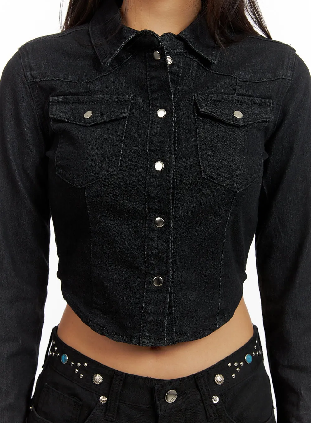 Denim Pocketed Button-Up Crop Shirt CY403