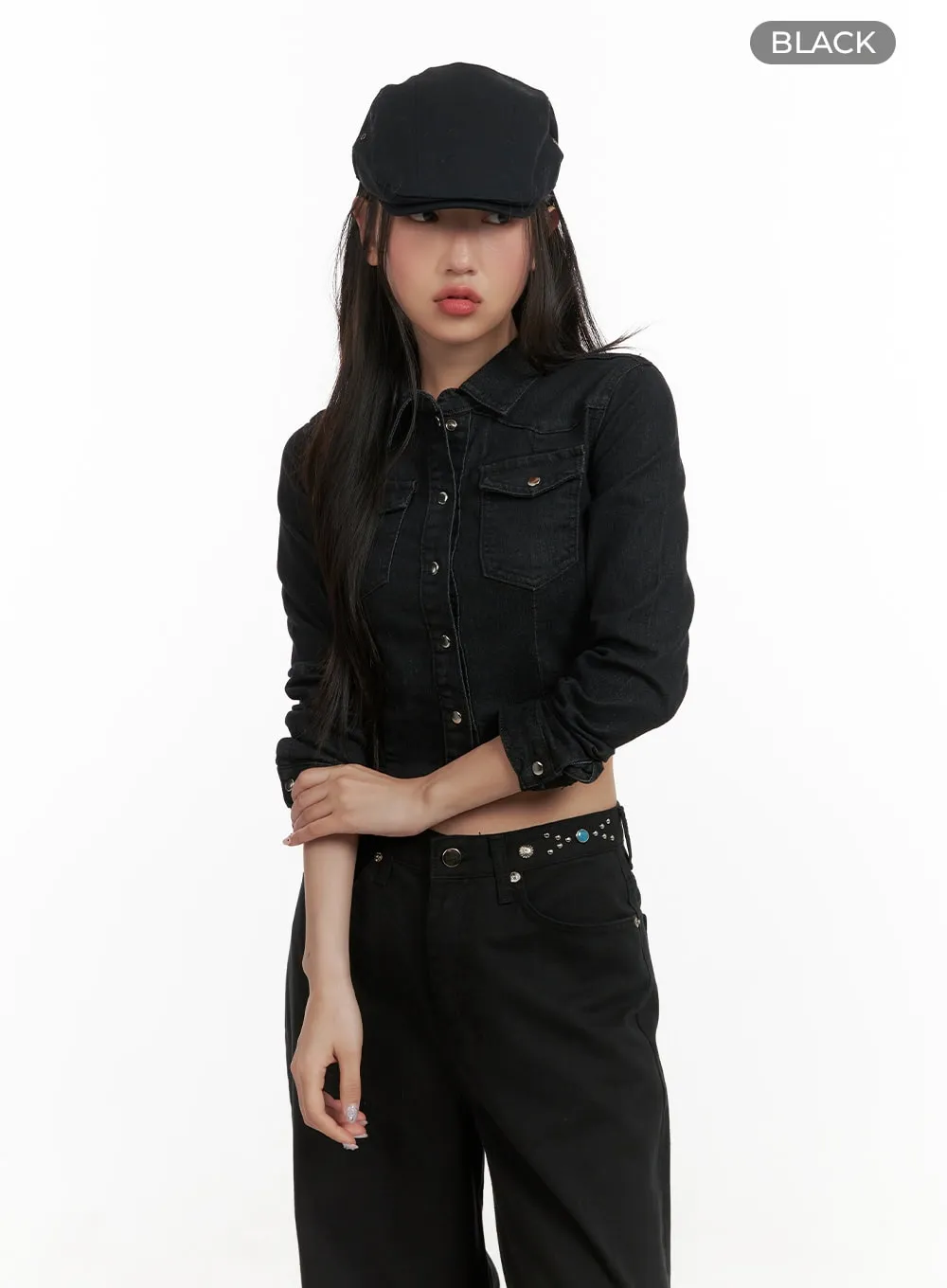 Denim Pocketed Button-Up Crop Shirt CY403
