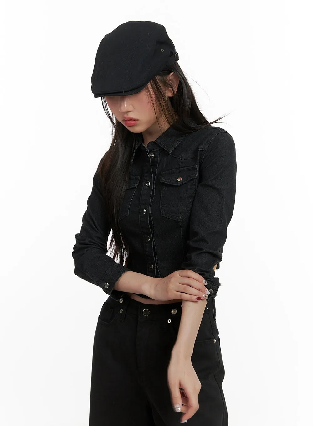 Denim Pocketed Button-Up Crop Shirt CY403