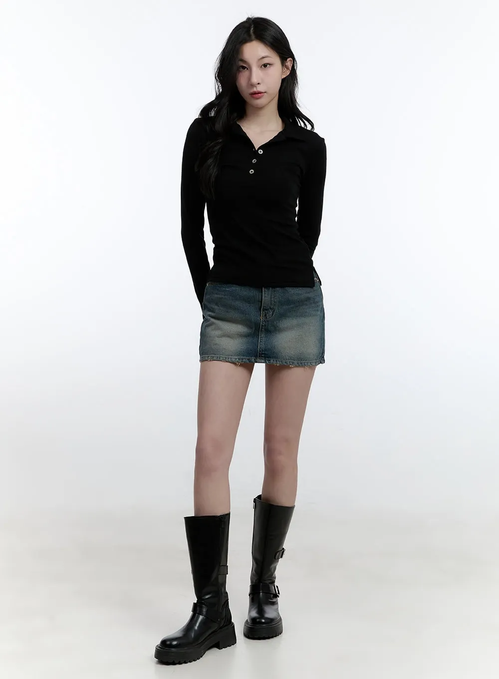 Distressed Hem Denim Mini Skirt CJ521