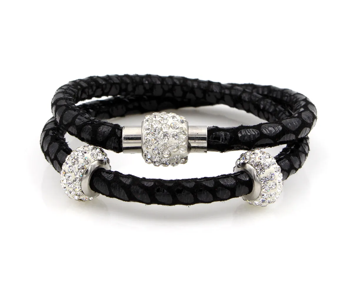 Double Wrap Swarovski Crystals Black Leather Bracelet