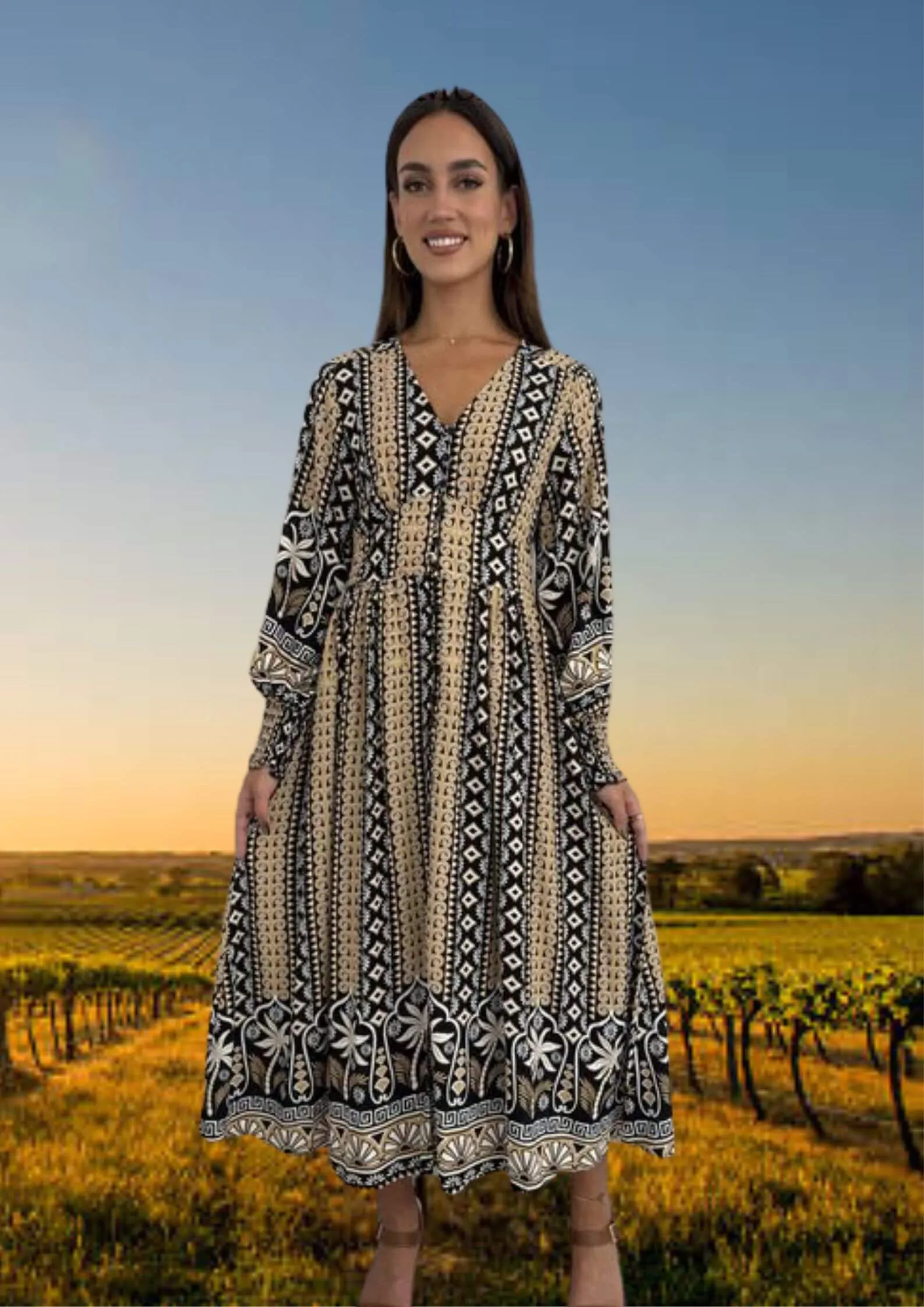 Eileen Long Sleeve Midi Dress in Latte Print