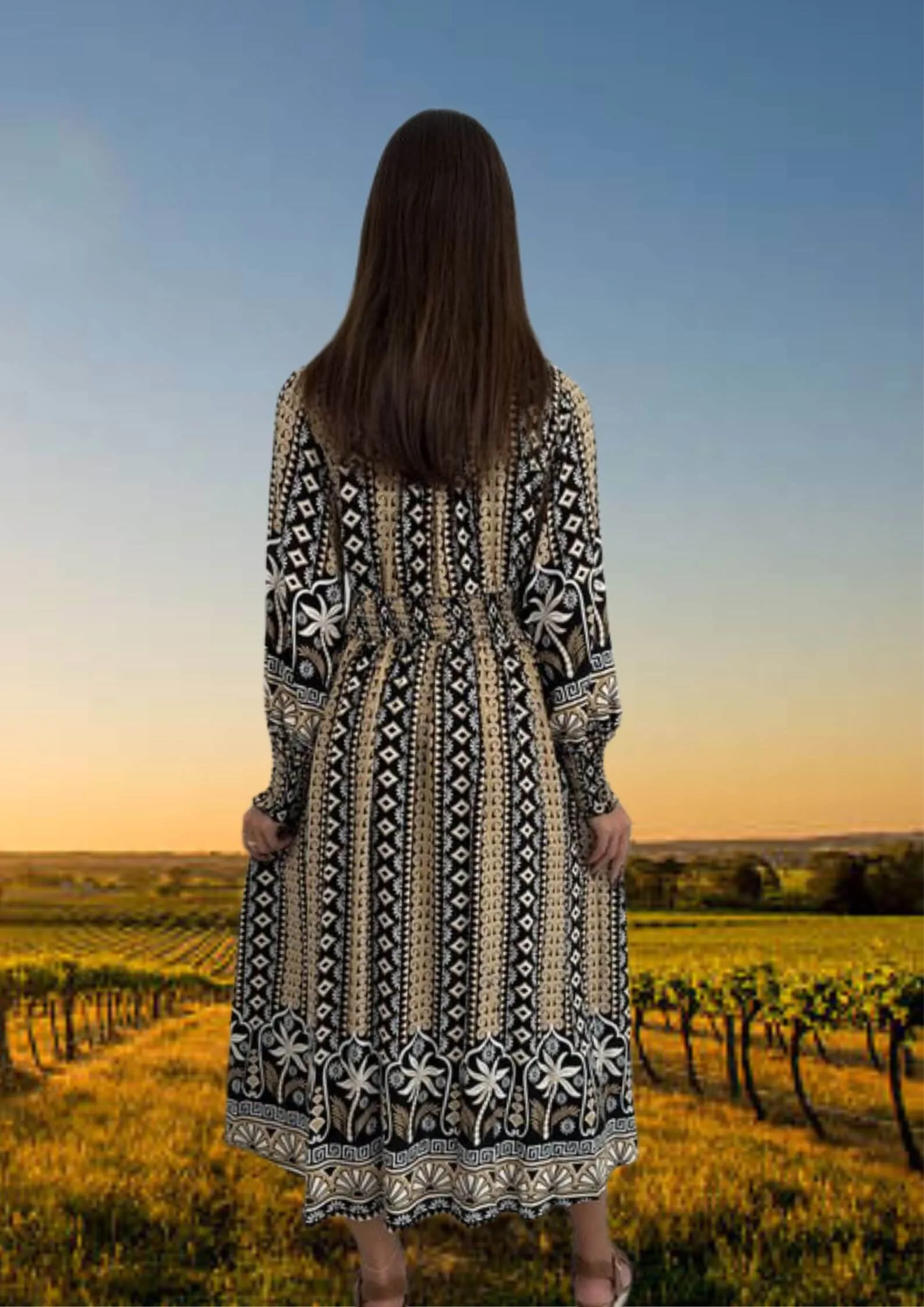 Eileen Long Sleeve Midi Dress in Latte Print