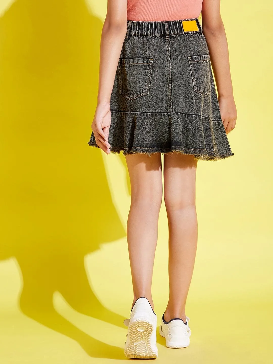 Girls Black Acid Wash Raw Hem Denim Mini Skirt - Lyush Kids