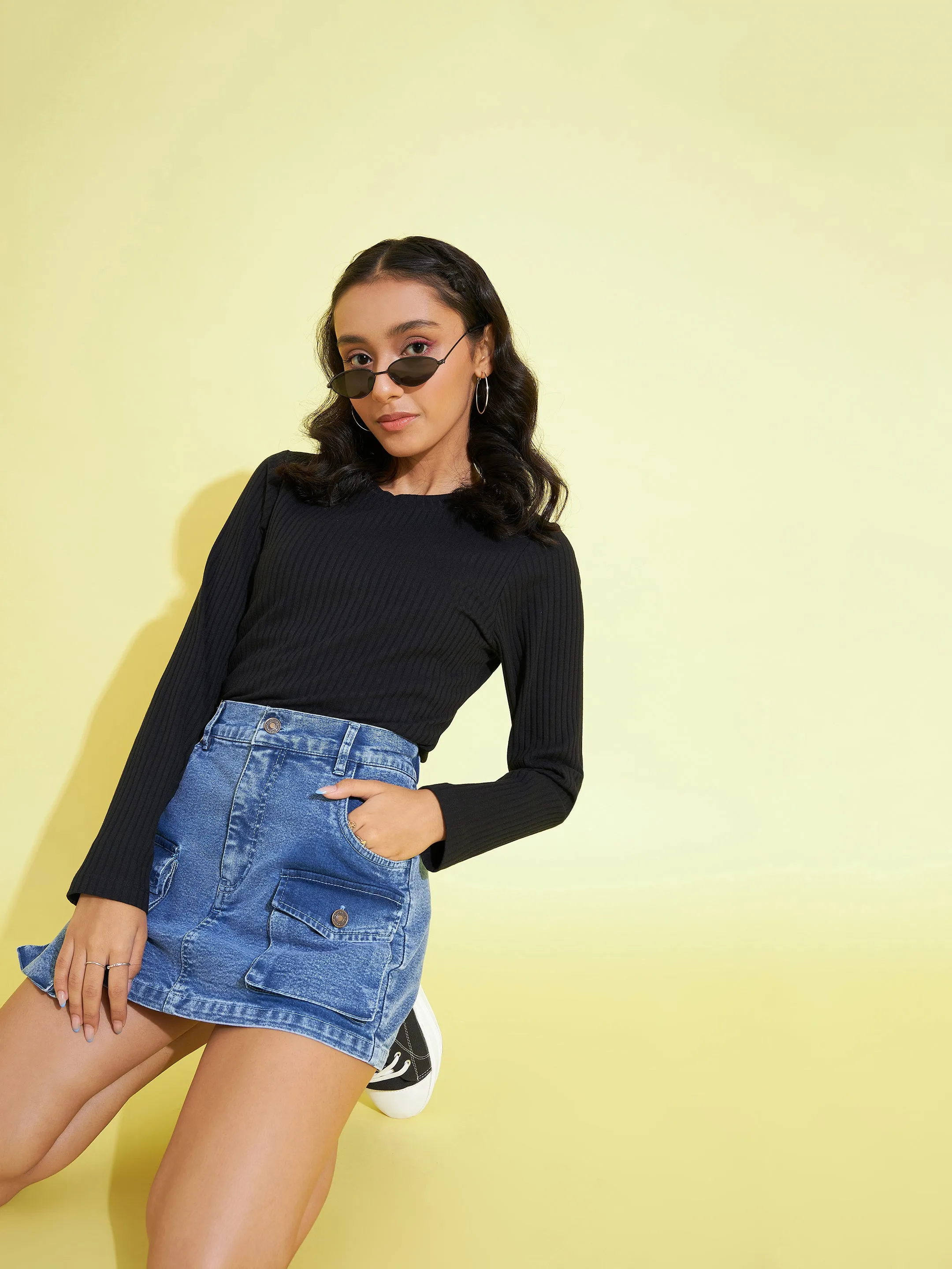 Girls Blue Acid Wash Denim Multi Pocket Skirts - Lyush Kids