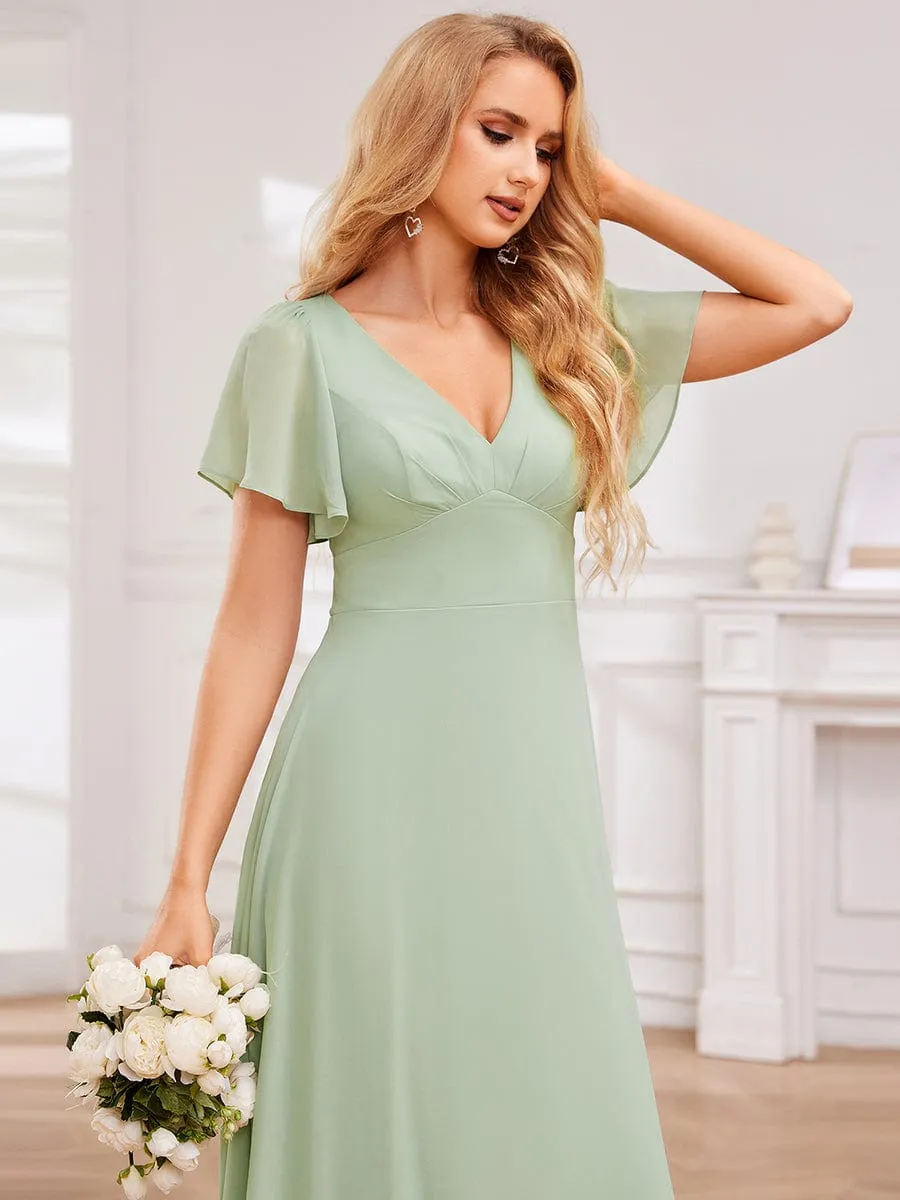 High-Waist Pleated V-Neck Bridesmaid Dress with Cross-Tie Back