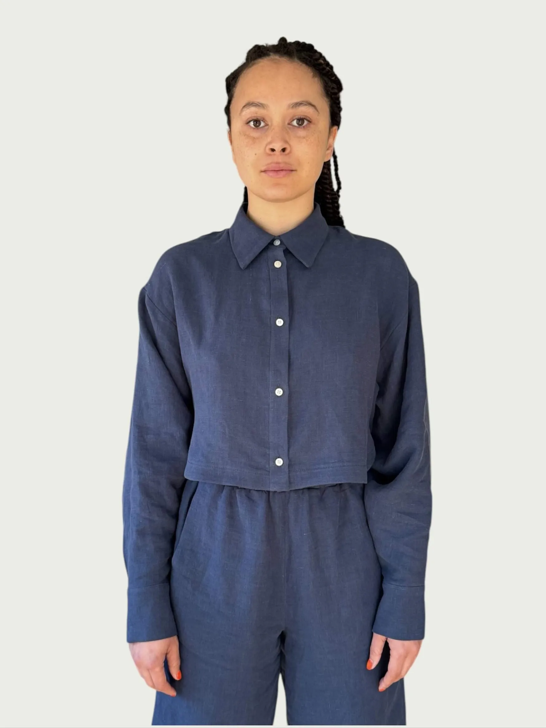 Linen Arc Button Up in Blue
