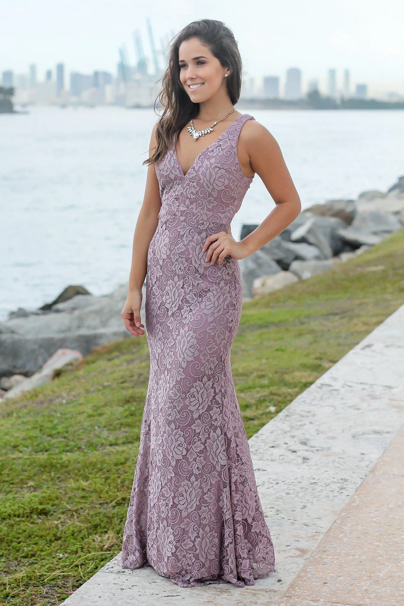 Mauve Lace Maxi Dress with Open Back