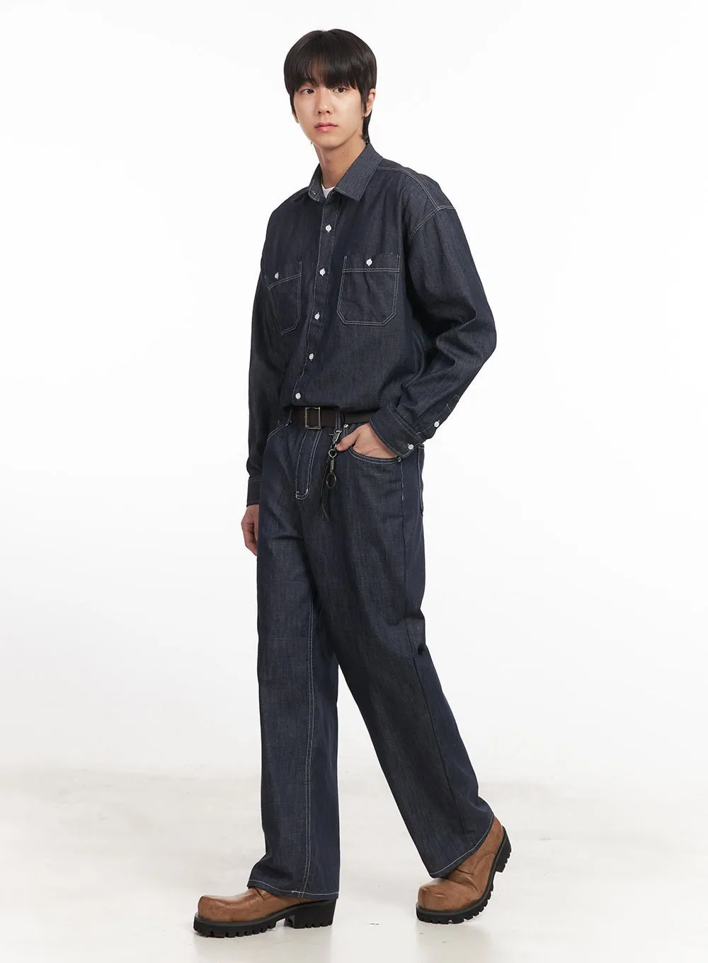 Men's Stitched Button-Up Denim Shirt IA510