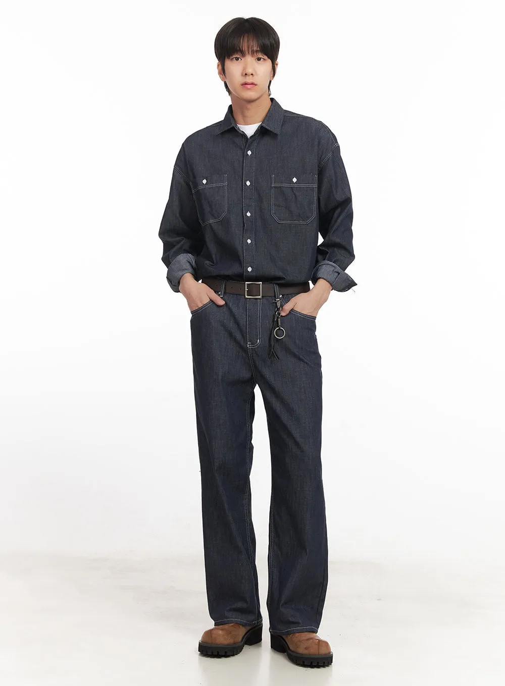Men's Stitched Button-Up Denim Shirt IA510