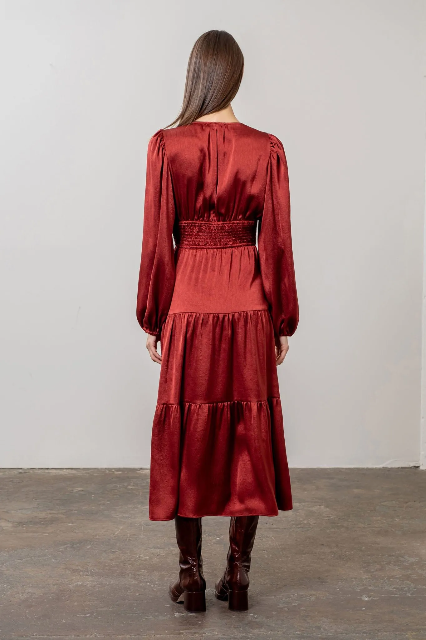 Merlot Satin Smocked Midi Dress