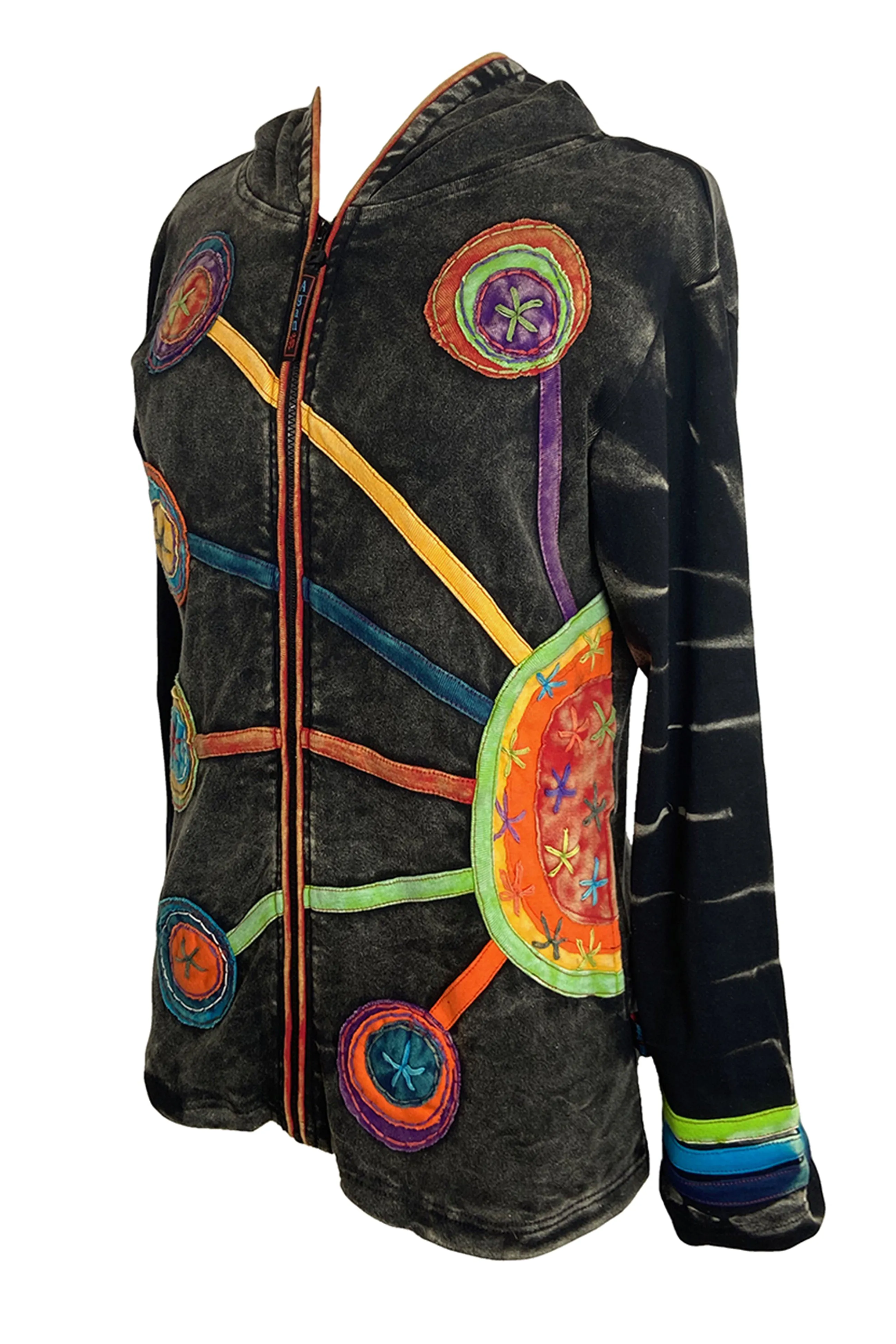 RJ 349 Bohemian Distressed Circular Stems Hoodie Sweatshirt Jacket