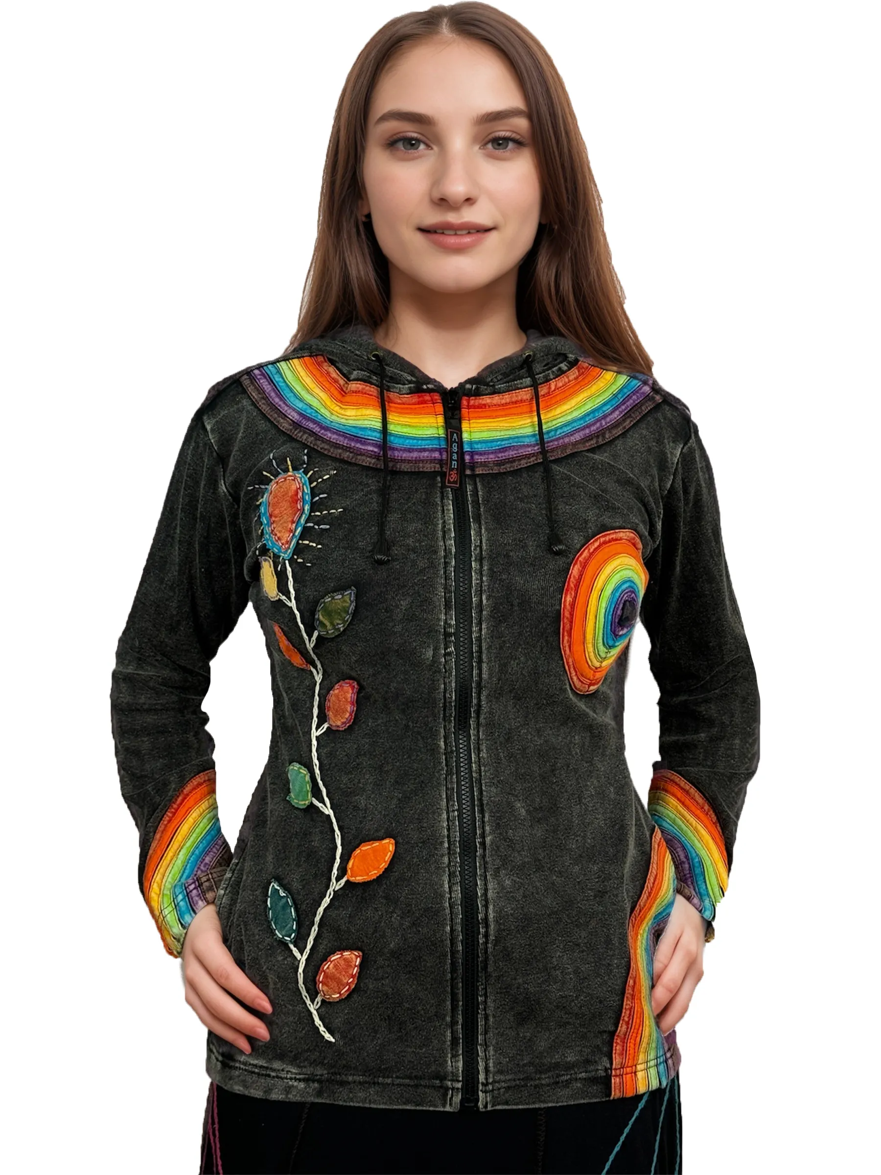 RJ 70 Bohemian Knit Rainbow Distressed Denim Hoodie Jacket
