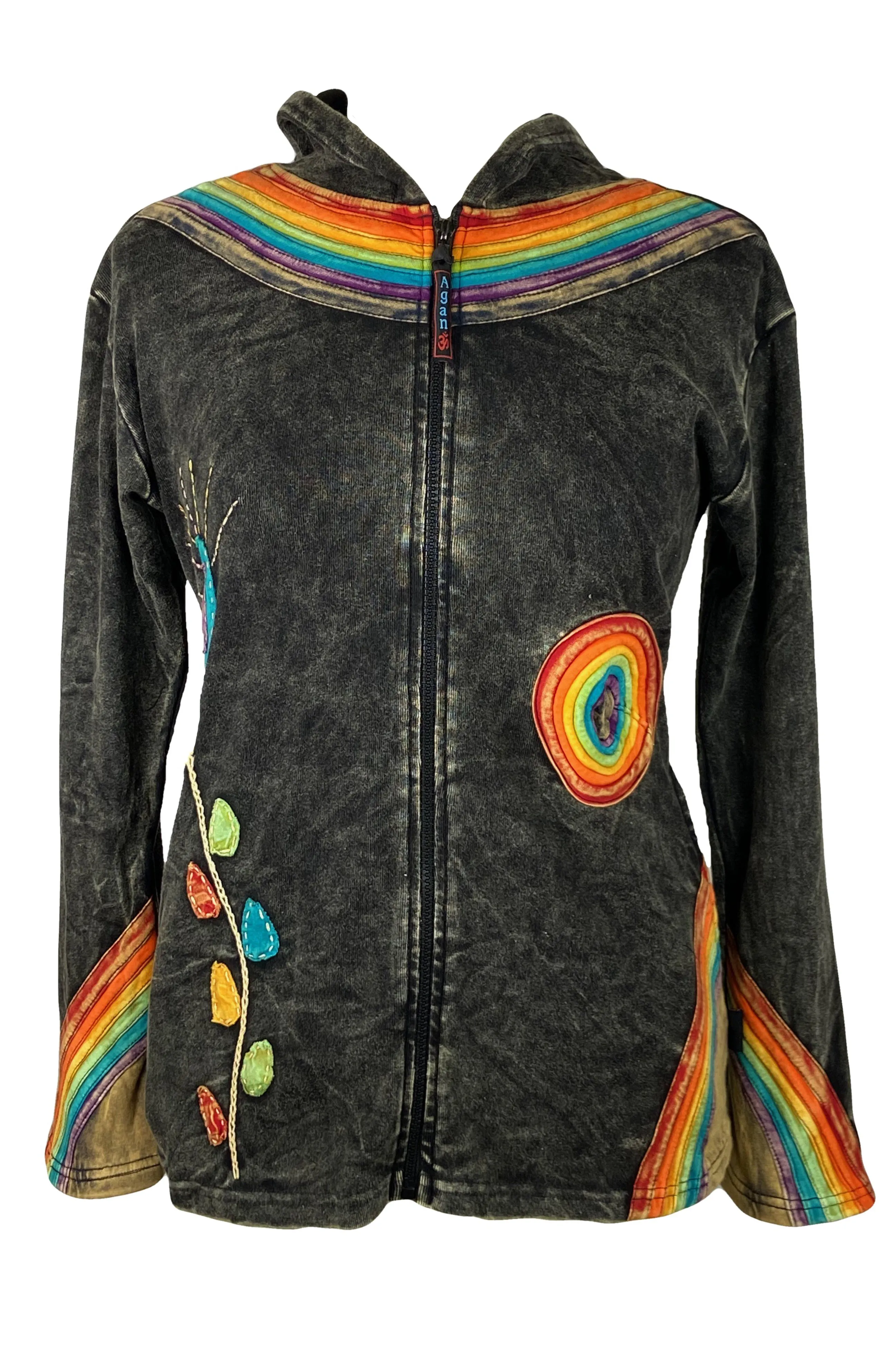 RJ 70 Bohemian Knit Rainbow Distressed Denim Hoodie Jacket