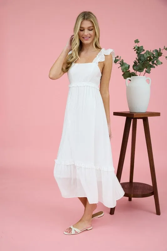 RUFFLE DETAIL EMPIRE WAIST SLEEVELESS MIDI DRESS