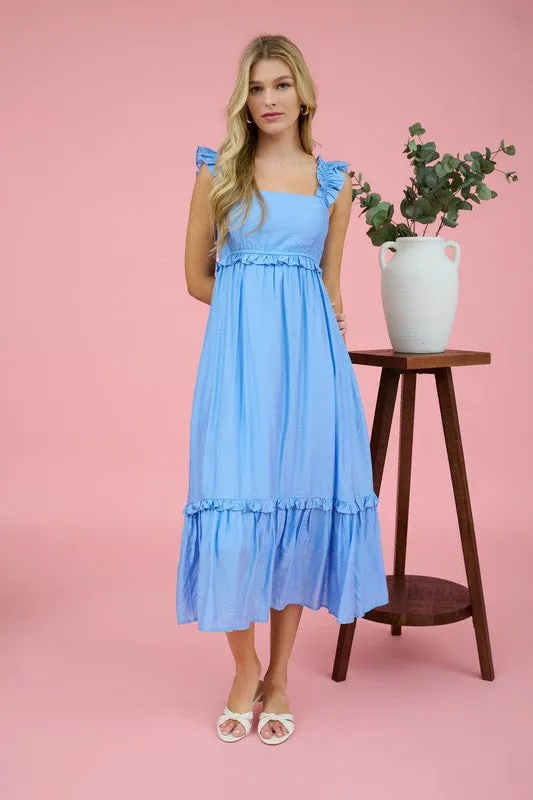 RUFFLE DETAIL EMPIRE WAIST SLEEVELESS MIDI DRESS