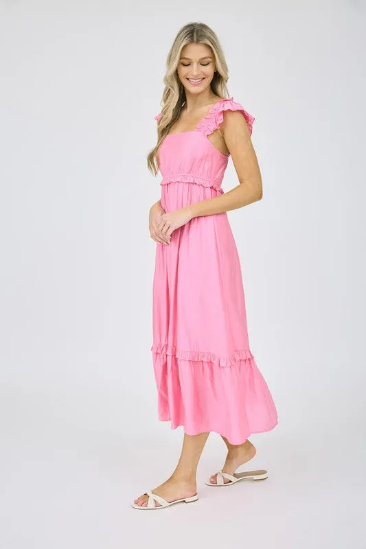 RUFFLE DETAIL EMPIRE WAIST SLEEVELESS MIDI DRESS