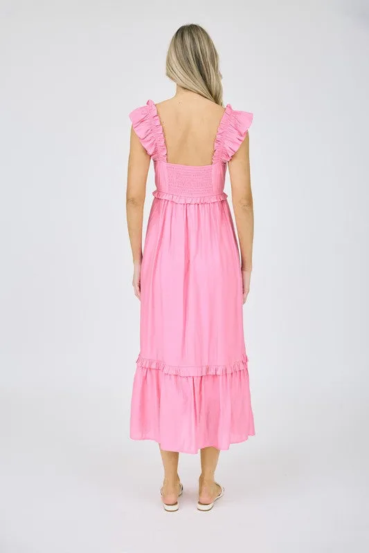 RUFFLE DETAIL EMPIRE WAIST SLEEVELESS MIDI DRESS