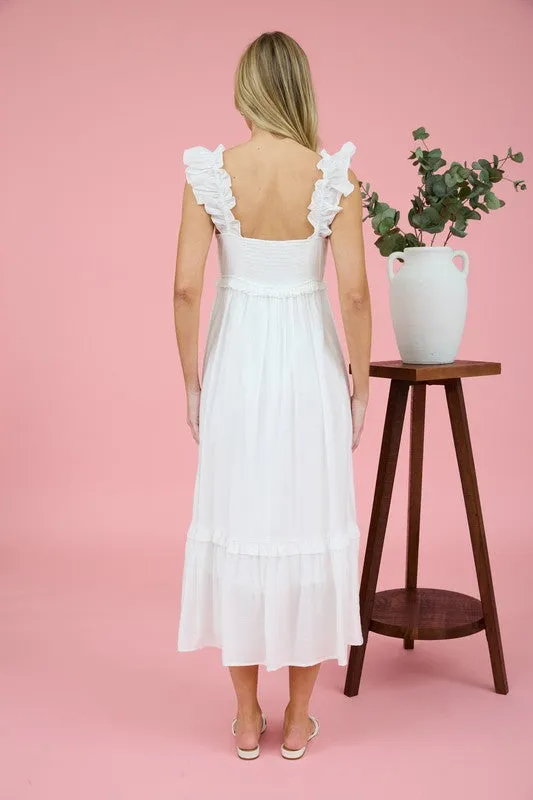 RUFFLE DETAIL EMPIRE WAIST SLEEVELESS MIDI DRESS