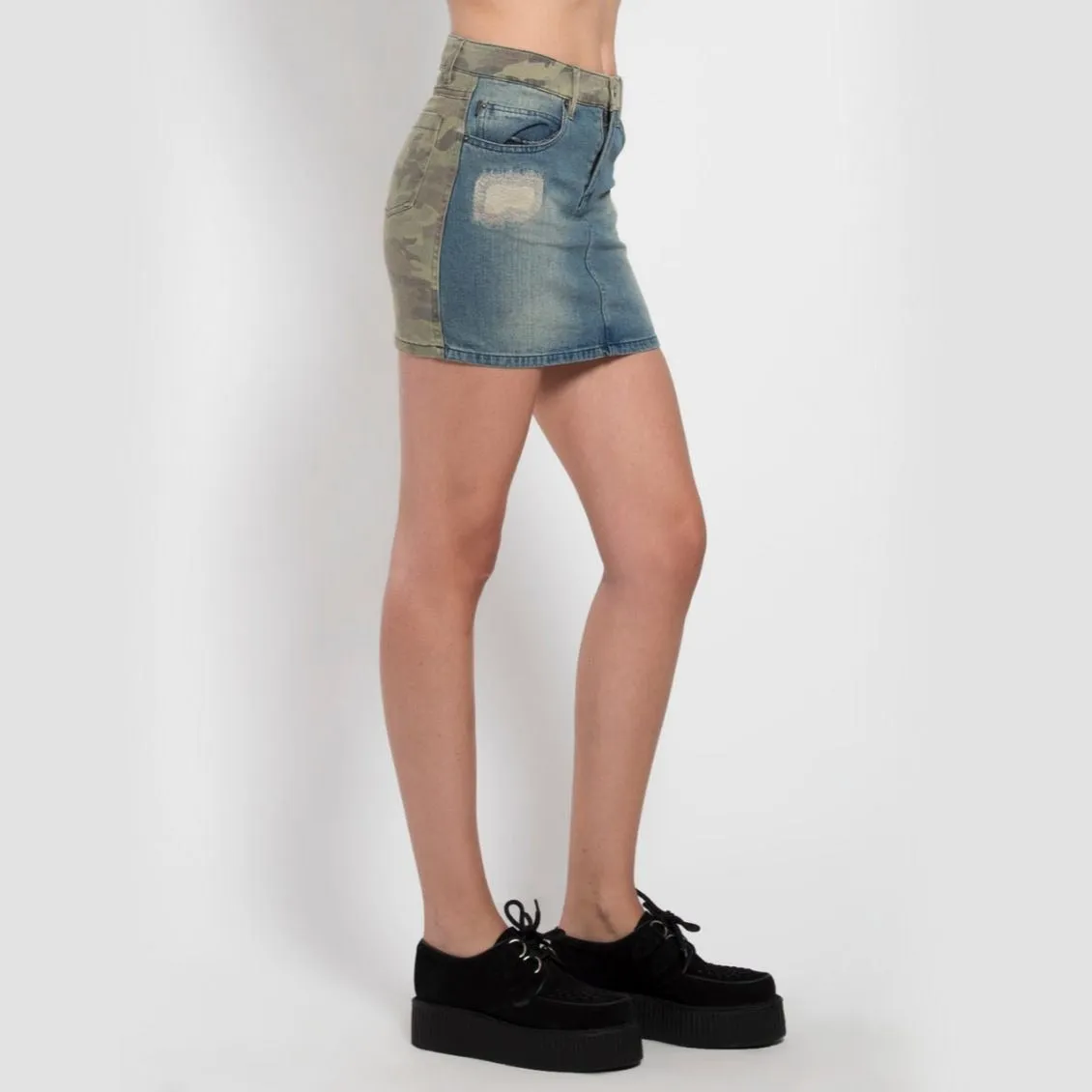 Split Front Distressed Denim & Camo Twill Skirt