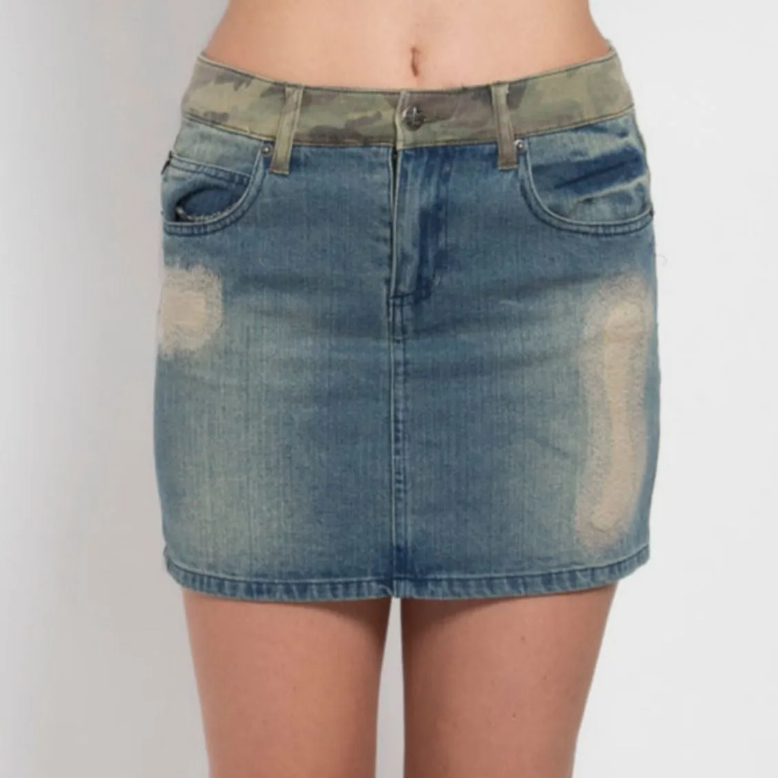 Split Front Distressed Denim & Camo Twill Skirt