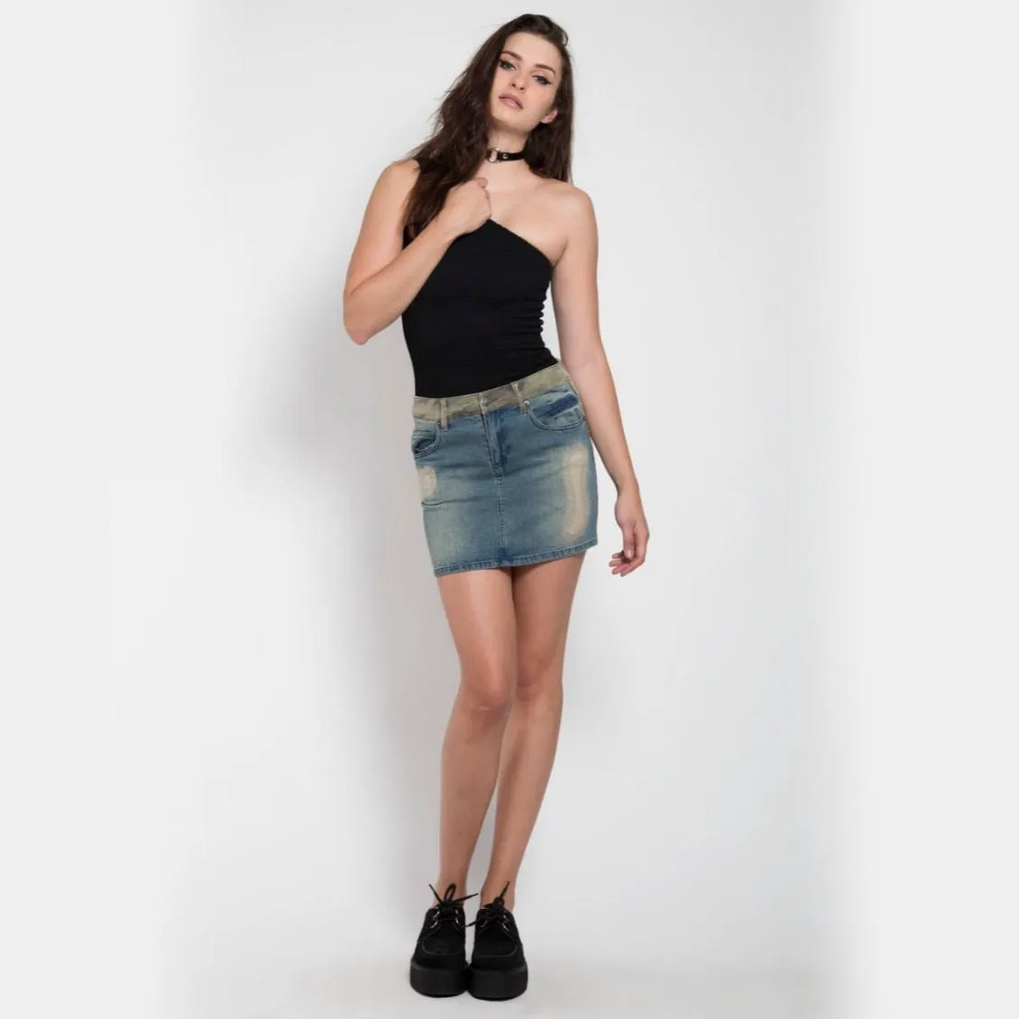 Split Front Distressed Denim & Camo Twill Skirt