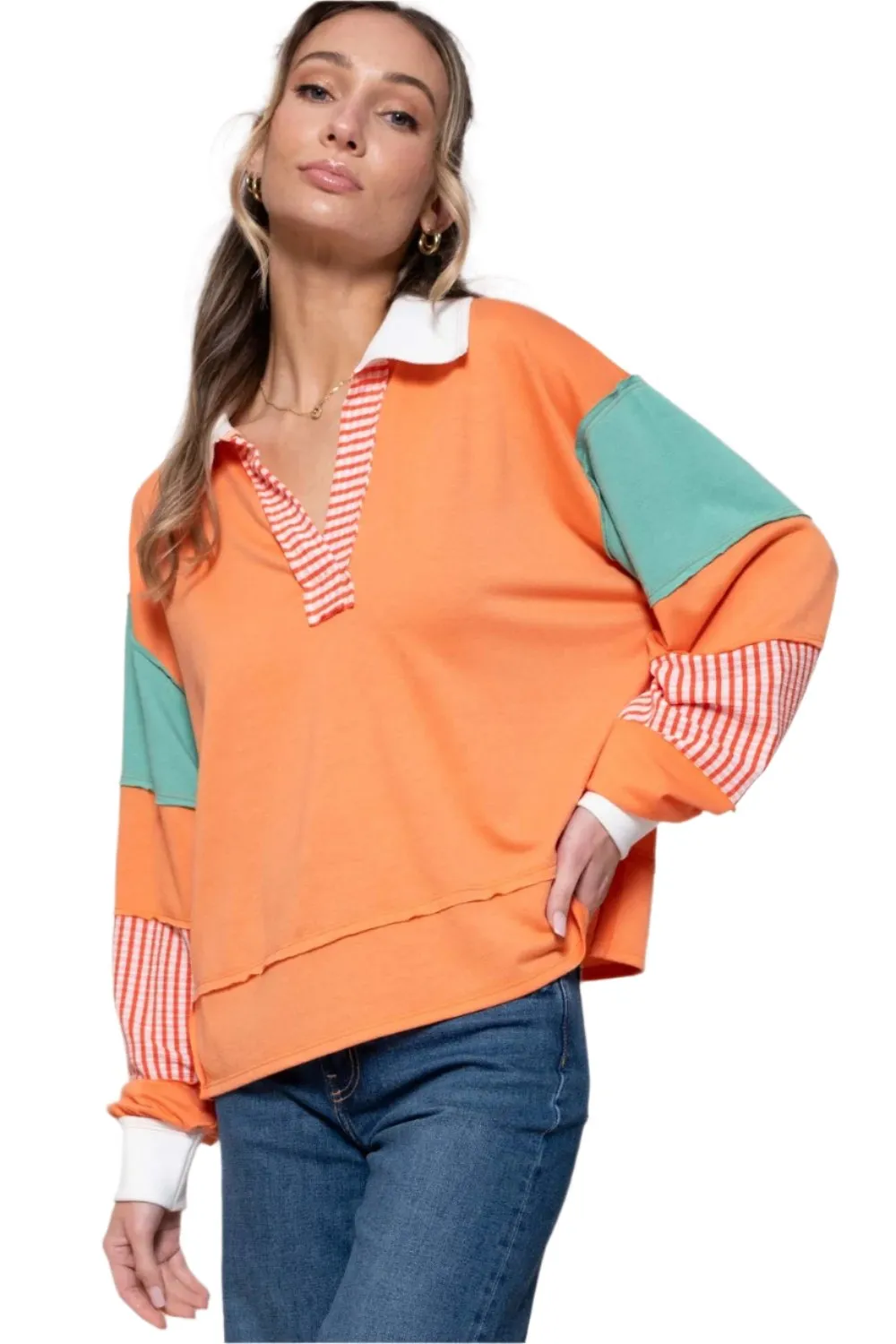 TEEK - Coral Color Block Striped Top