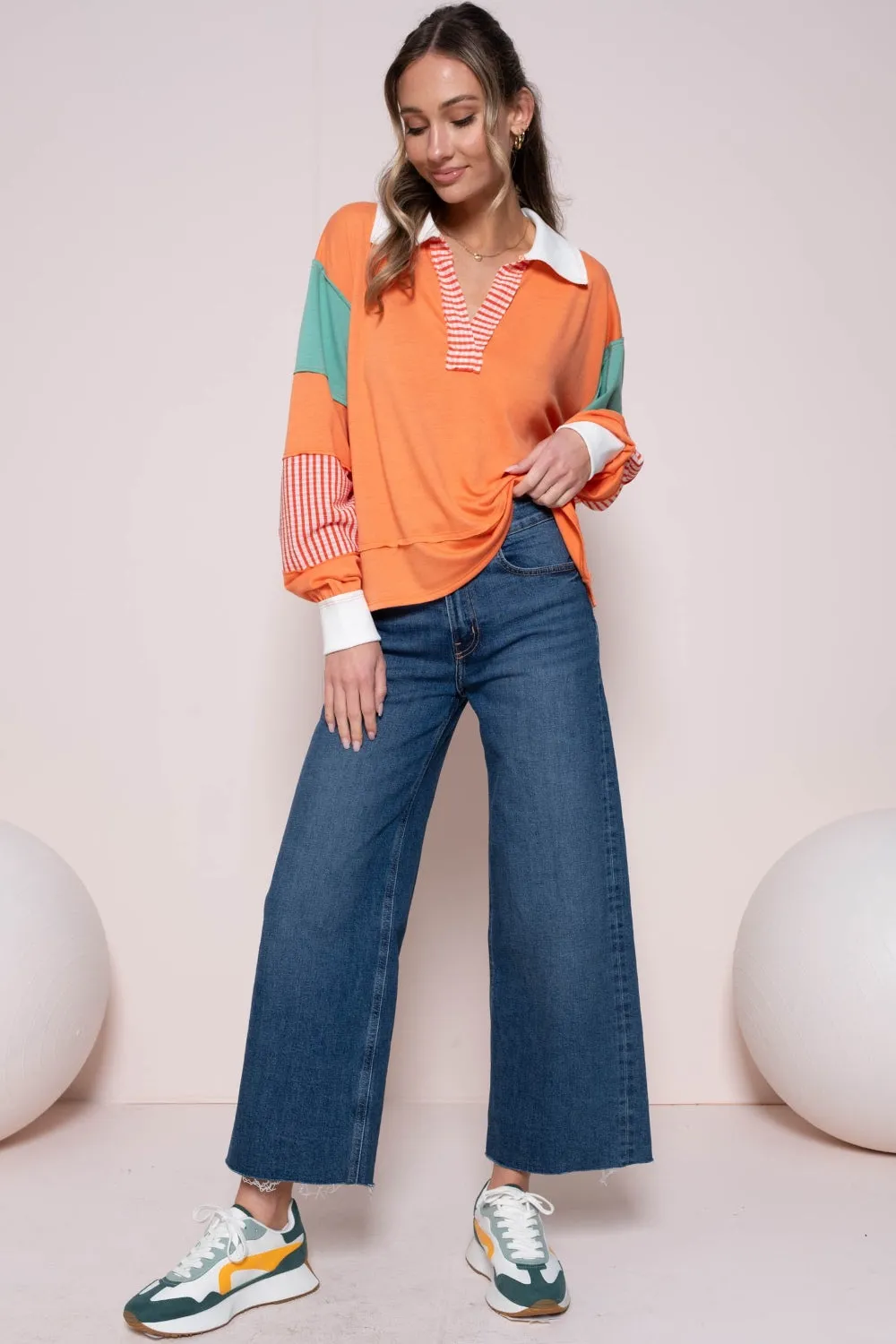 TEEK - Coral Color Block Striped Top