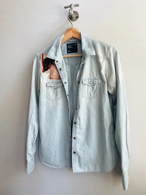 Upcycled Patchwork Light Denim Button Up
