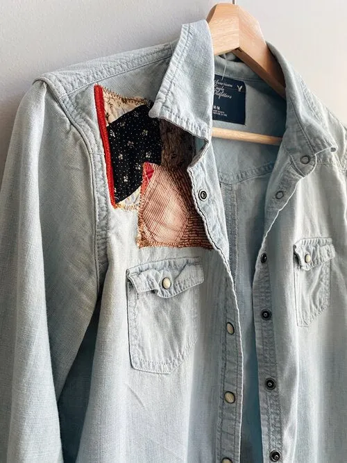 Upcycled Patchwork Light Denim Button Up