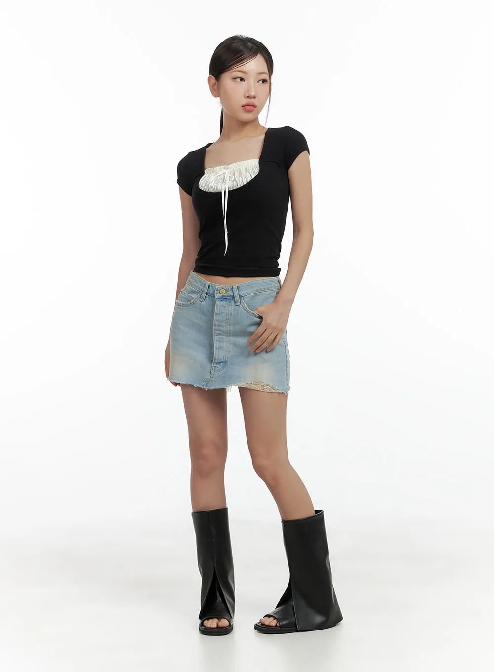 Washed Distressed Denim Mini Skirt CL417